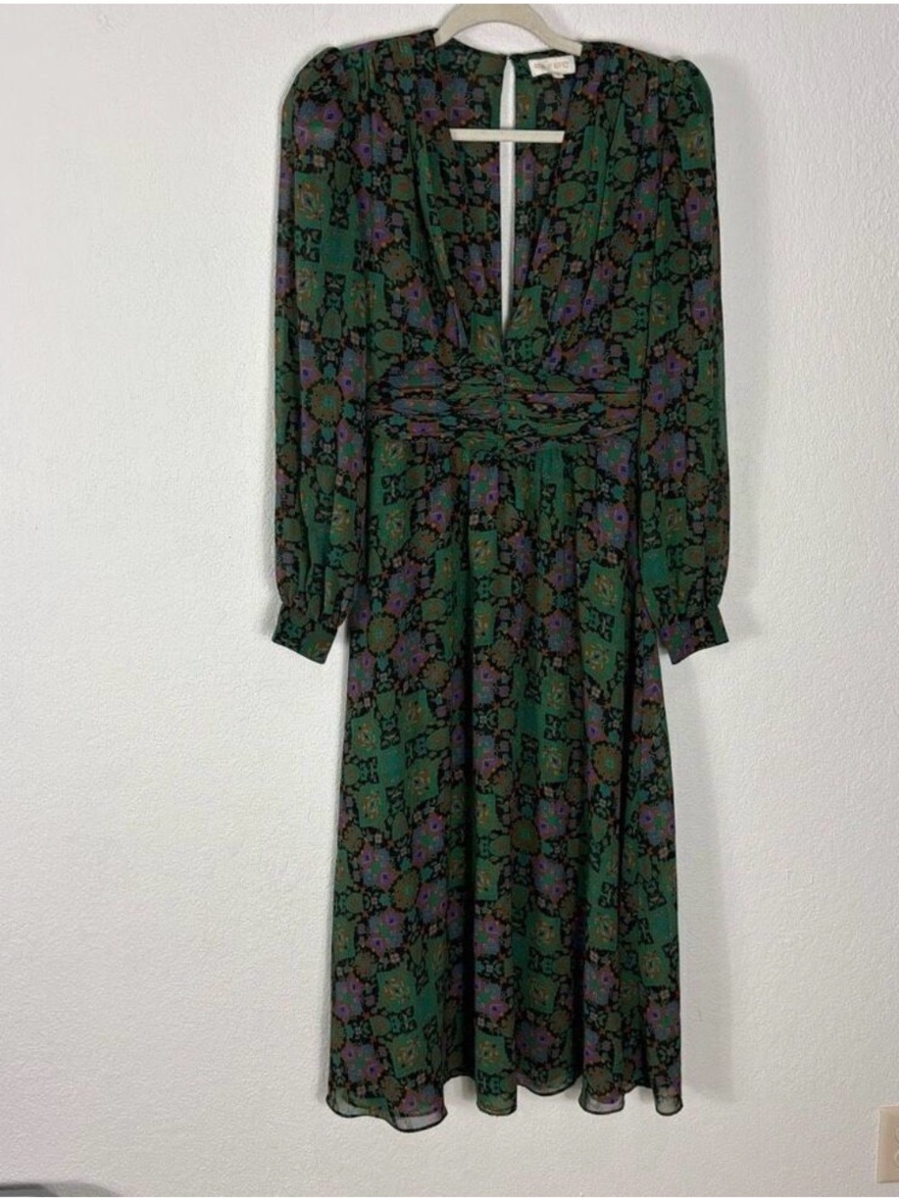 Ronny Kobo Tula Plunge Neck Long Sleeve Midi Dress Green & Purple Patterned Size